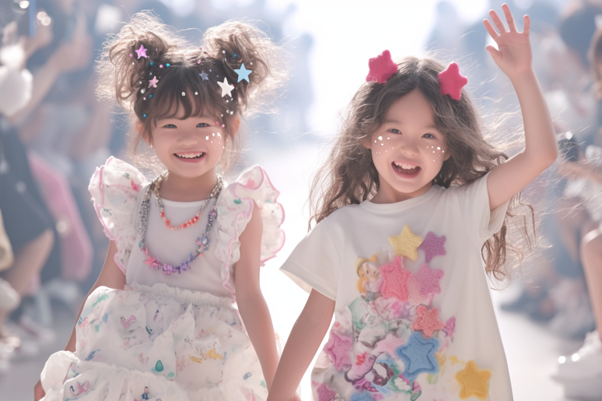 el garden Two young Japanese kids in white and pink frilly clot f876398d-1c23-4dae-a84b-2af2f08136c2