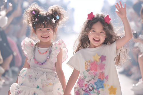 el garden Two young Japanese kids in white and pink frilly clot f876398d-1c23-4dae-a84b-2af2f08136c2